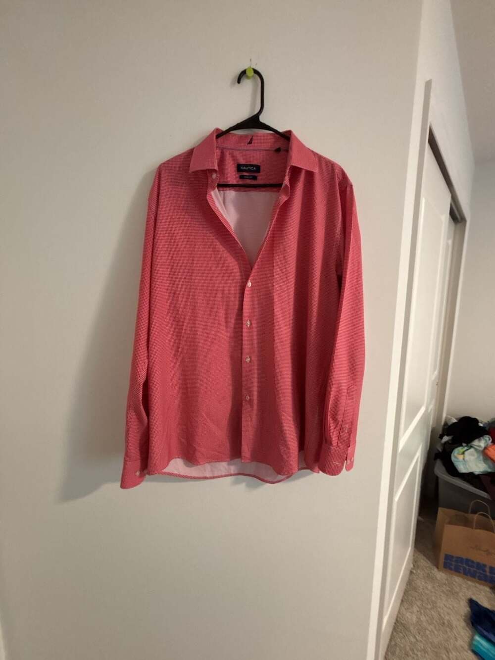 Nautica Red Gingham Slim Fit Long Sleeve Dress Shirt Size 16-16.5 34/35 L